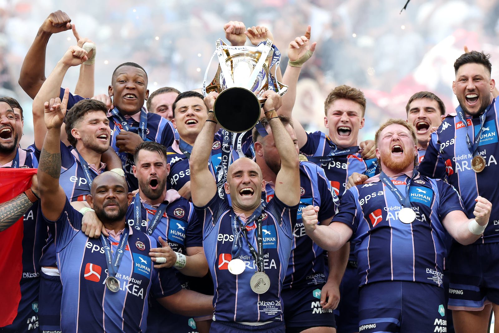 Bordeaux Begles raise the Champions Cup after their victory over Leinster in last season's final. Photograph: David Rogers/Getty Images
