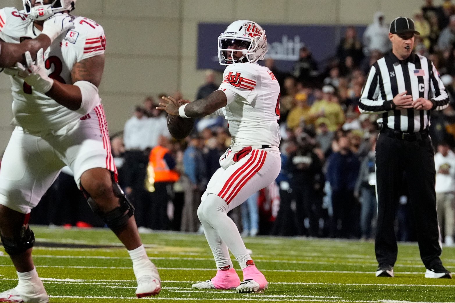 Oct 17, 2026; Boulder, Colorado, USA;  Utah Utes quarterback Devon Dampier (4) prepares to pass in the second quarter against the Colorado Buffaloes at Folsom Field.  Mandatory Credit: Ron Chenoy-Imagn Images