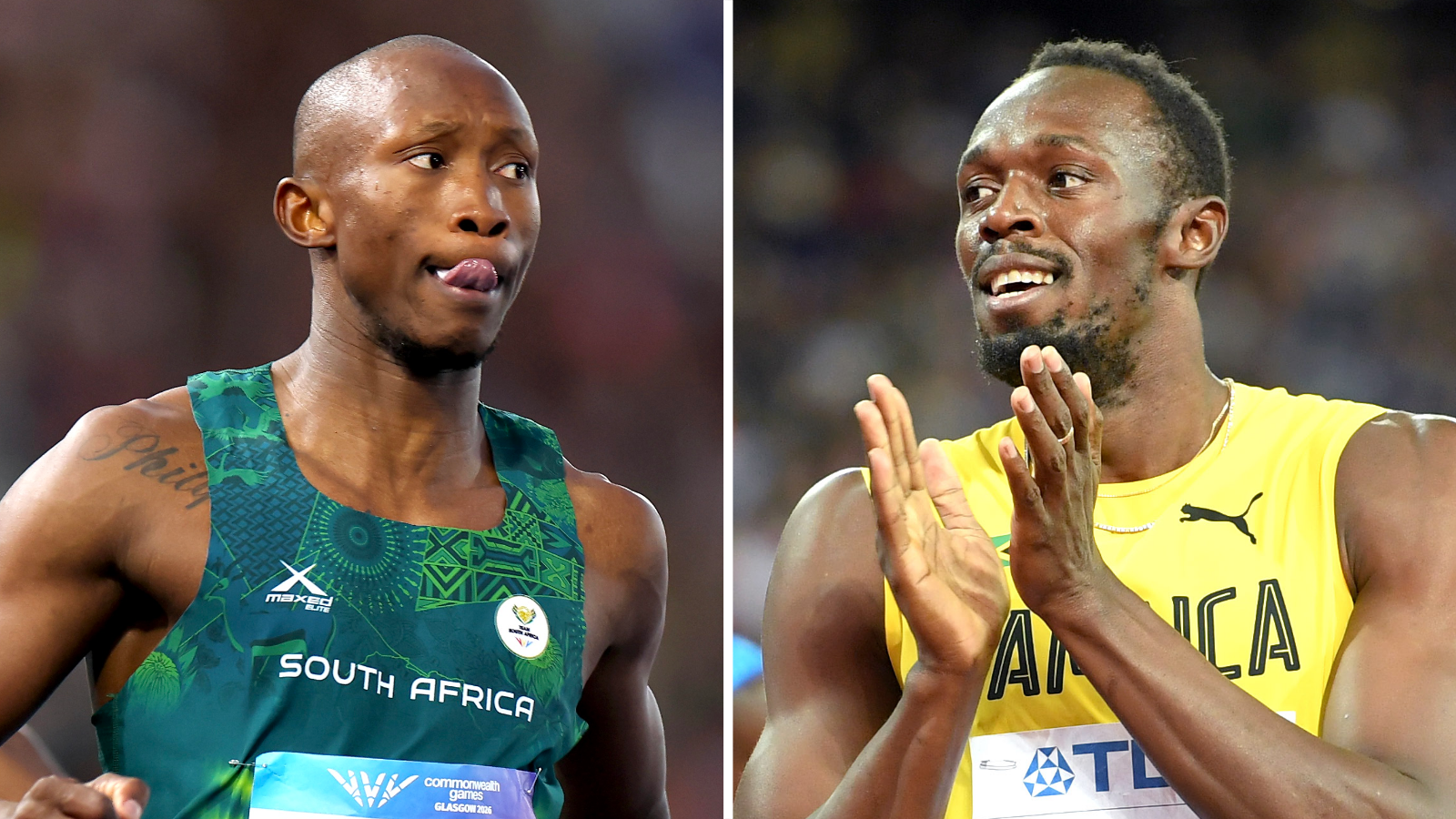 Sinesipho Dambile wearing a green South Africa sleeveless running vest and shorts, with a white name bib on his stomach, stretches his arms wide to either side of his body to raise a South African flag behind him.