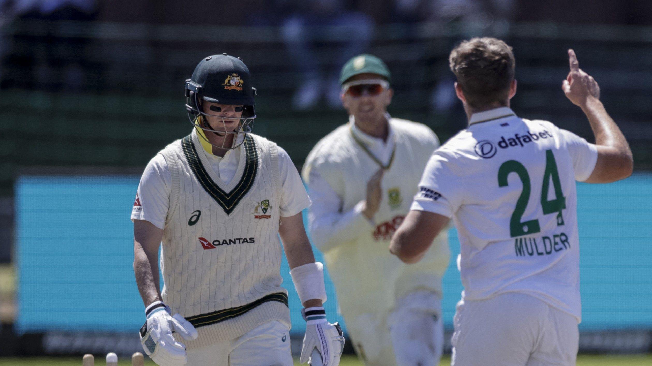 Wiaan Mulder celebrates the wicket of Steve Smith