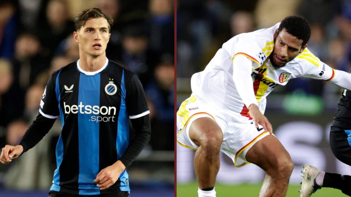 Split image showing Club Brugge's Freddie Potts and Jean Clair Todibo of RC Lens