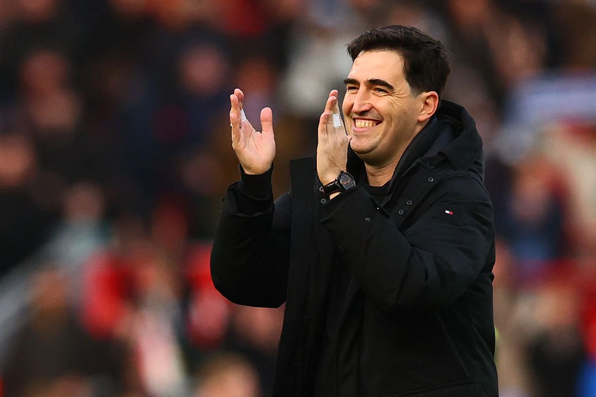 Liverpool's Spanish head coach Andoni Iraola applauds fans on the pitch after the English Premier League football match between Liverpool and Brighton and Hove Albion at Anfield in Liverpool, north west England on October 25, 2026. Liverpool won the game 2-0. (Photo by Paul Currie / AFP via Getty Images) / RESTRICTED TO EDITORIAL USE. No use with unauthorized audio, video, data, fixture lists, club/league logos or 'live' services. Online in-match use limited to 120 images. An additional 40 images may be used in extra time. No video emulation. Social media in-match use limited to 120 images. An additional 40 images may be used in extra time. No use in betting publications, games or single club/league/player publications. / 