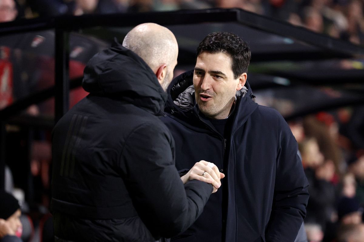 Enzo Maresca, Manager of Leicester City (L), shakes hands with Andoni Iraola, Manager of AFC Bournemouth (R), prior to the Emirates FA Cup Fifth Round match between AFC Bournemouth and Leicester City