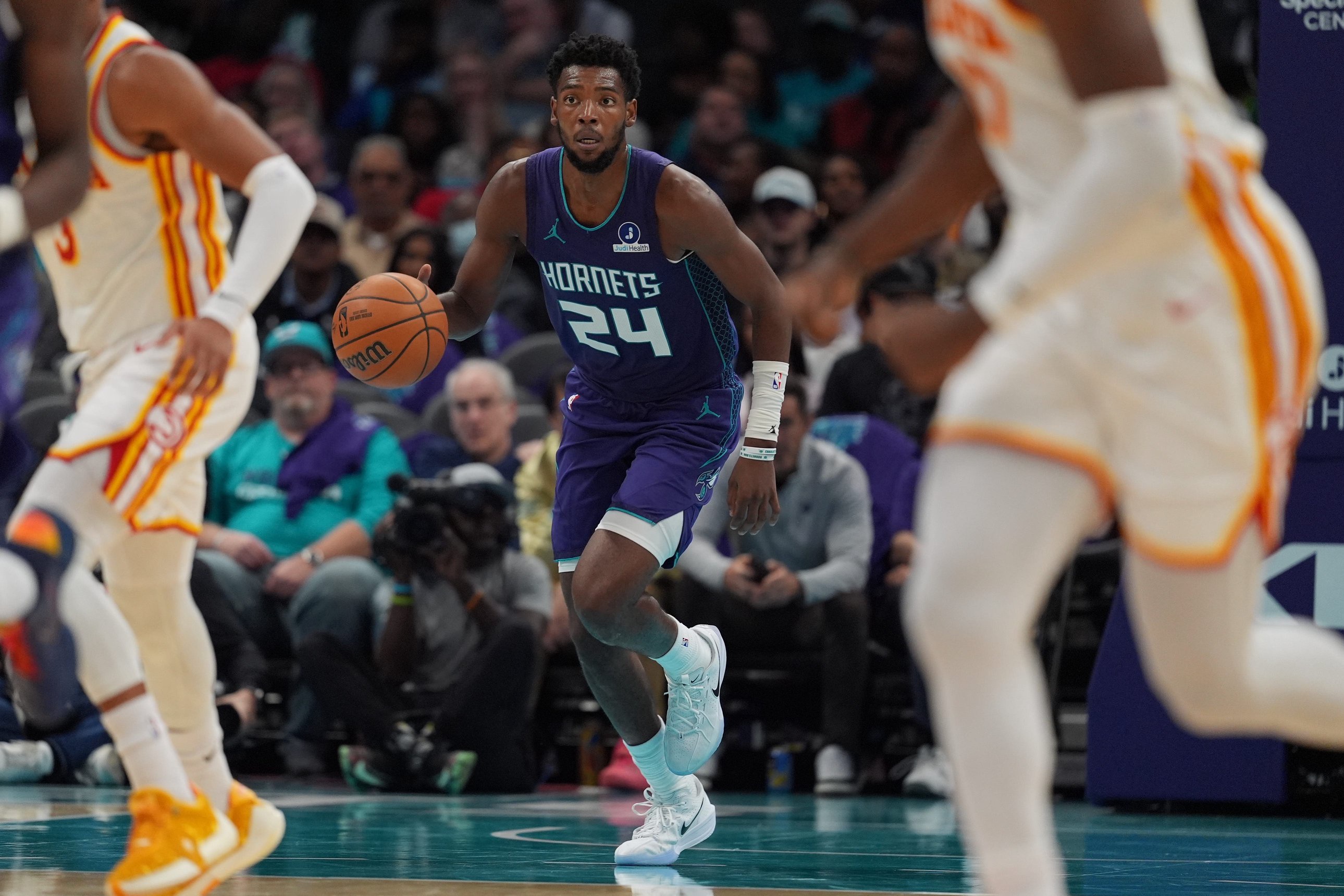 Oct 23, 2026; Charlotte, North Carolina, USA;  Charlotte Hornets forward Brandon Miller (24) brings the ball up court against the Atlanta Hawks during the second half at the Spectrum Center.  Mandatory Credit: Jim Dedmon-Imagn Images