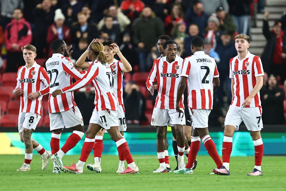 Stoke celebrate their first goal 