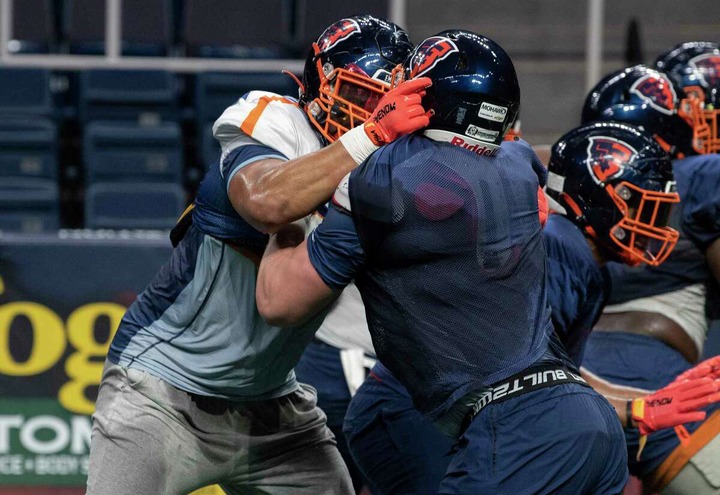 Albany Empire's Brandon Sesay, left, runs through drills with his teammates during practice at MVP Arena on June 8, 2022. He said camaraderie has been a constant with the Empire in his four seasons here.