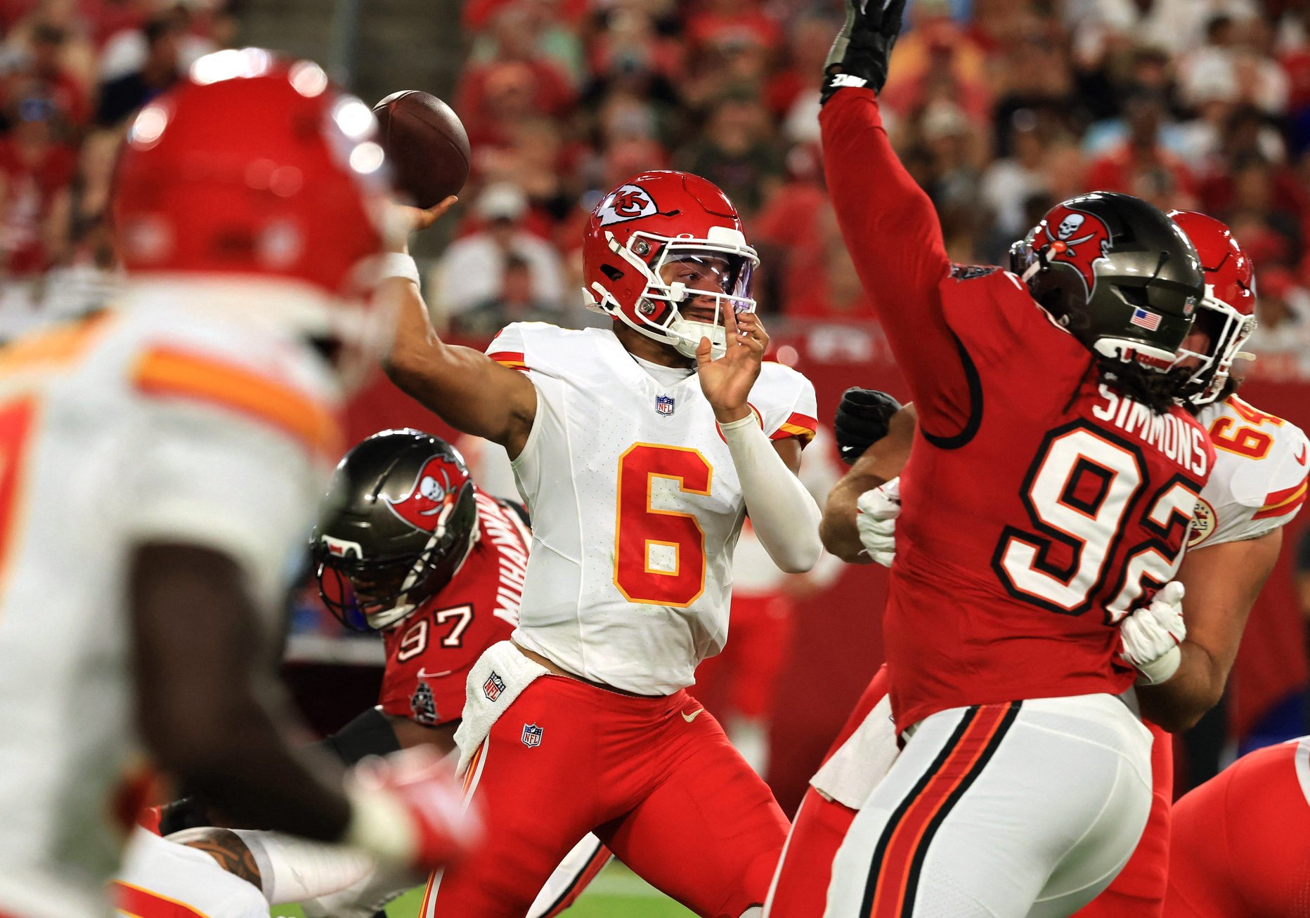 Aug 22, 2026; Tampa, Florida, USA;  Kansas City Chiefs quarterback Justin Fields (6) throws against the Tampa Bay Buccaneers during the first half at Raymond James Stadium.  Mandatory Credit: Kim Klement Neitzel-Imagn Images
