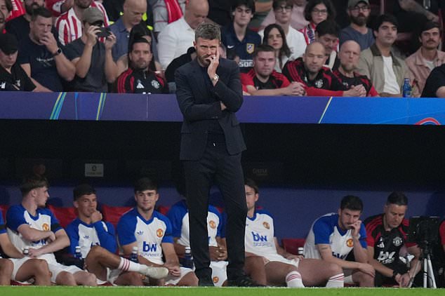 Manchester United's head coach Michael Carrick looks on during the Champions League opening phase soccer match between Atletico Madrid and Manchester United in Madrid, Tuesday, Oct. 13, 2026. (AP Photo/Bernat Armangue)