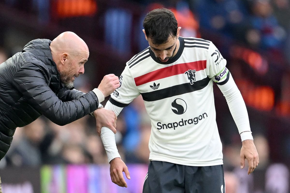 Erik ten Hag, Manager of Manchester United, gives instructions to Bruno Fernandes of Manchester United during the Premier League match between Aston Villa FC and Manchester United FC at Villa Park