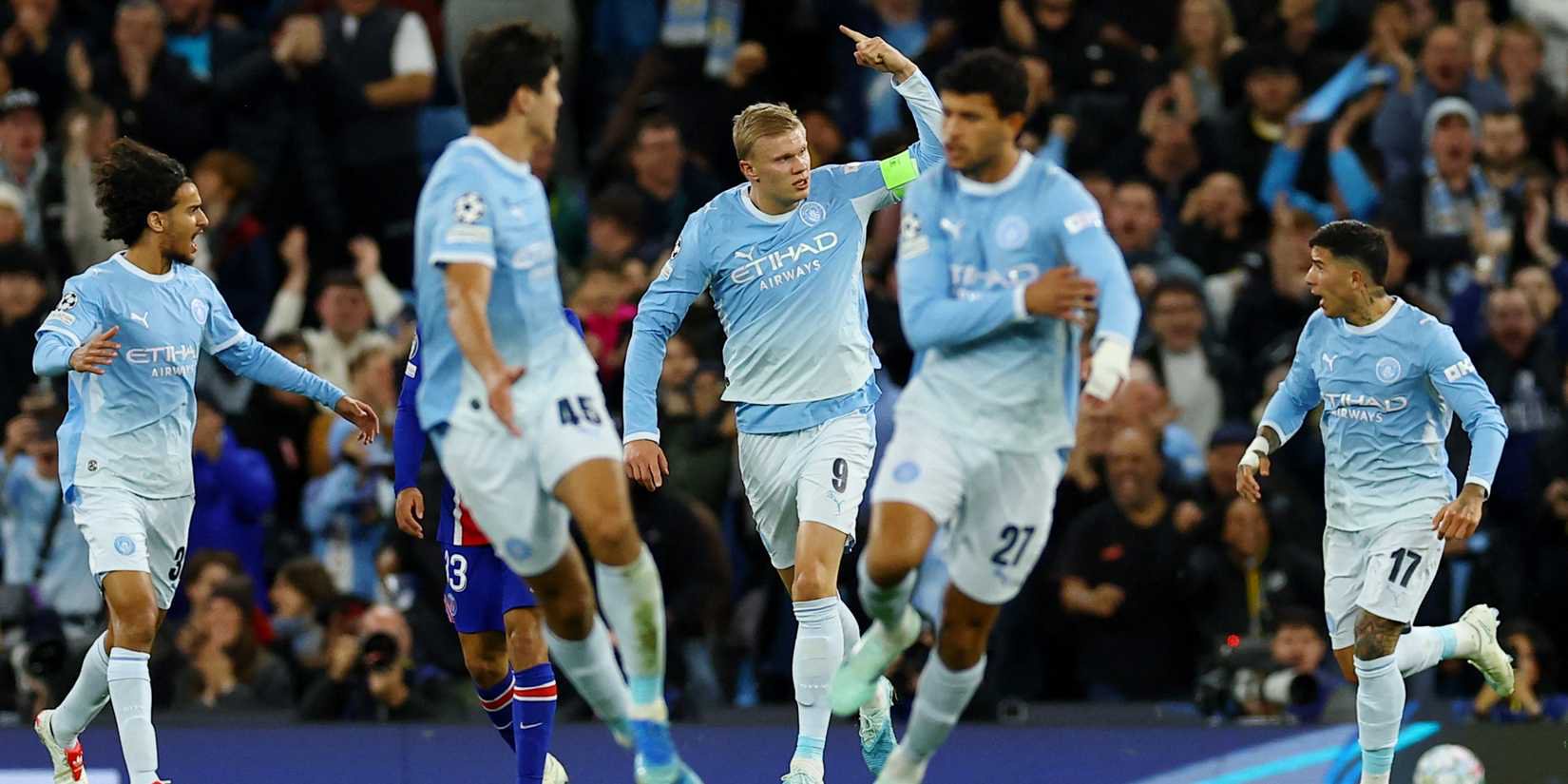 Manchester City's Erling Haaland celebrates scoring their first goa