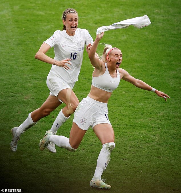 The moment Chloe Kelly, 24, whipped off her shirt to run across the pitch in her sports bra after scoring the winner in the Euro 2022 final has been hailed by fans as 'feminist image of the decade'