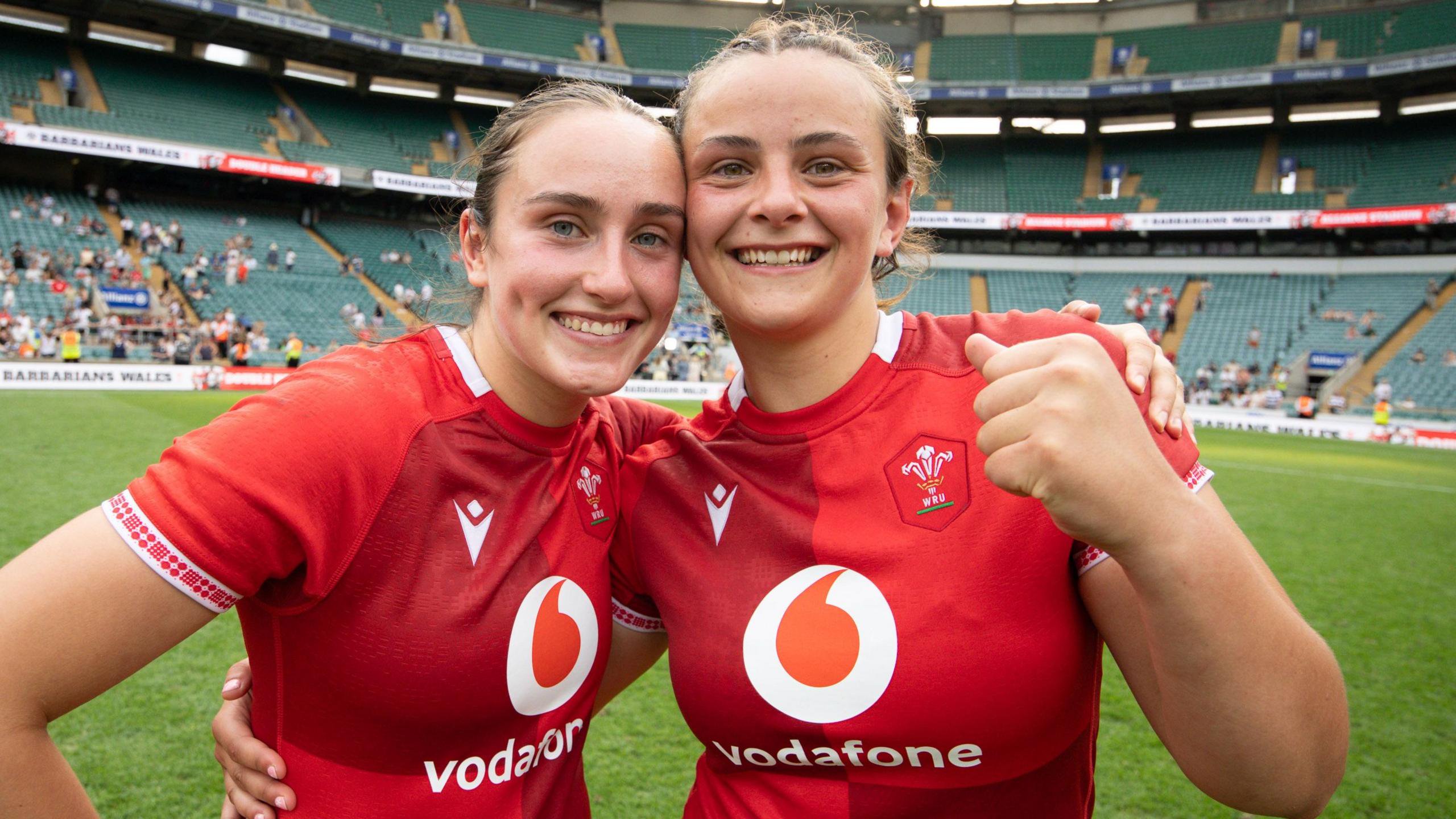 Nel and Branwen Metcalfe celebrate Wales' win against Barbarians at Twickenham
