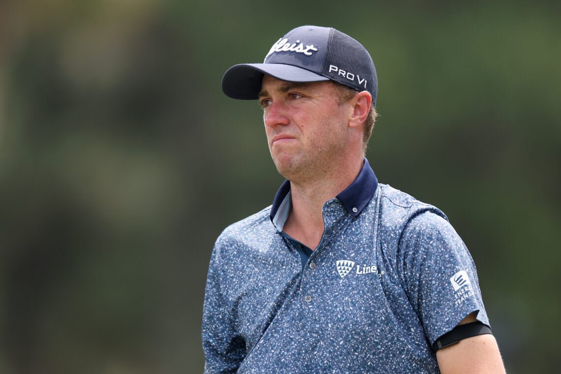 Justin Thomas of the United States looks on from the driving range during the third round of the RBC Heritage 2026 at Harbour Town Golf Links