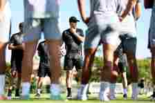 Julen Lopetegui, Manager of Wolverhampton Wanderers speaks with the players during a Wolverhampton Wanderers pre-season training session on July 05...