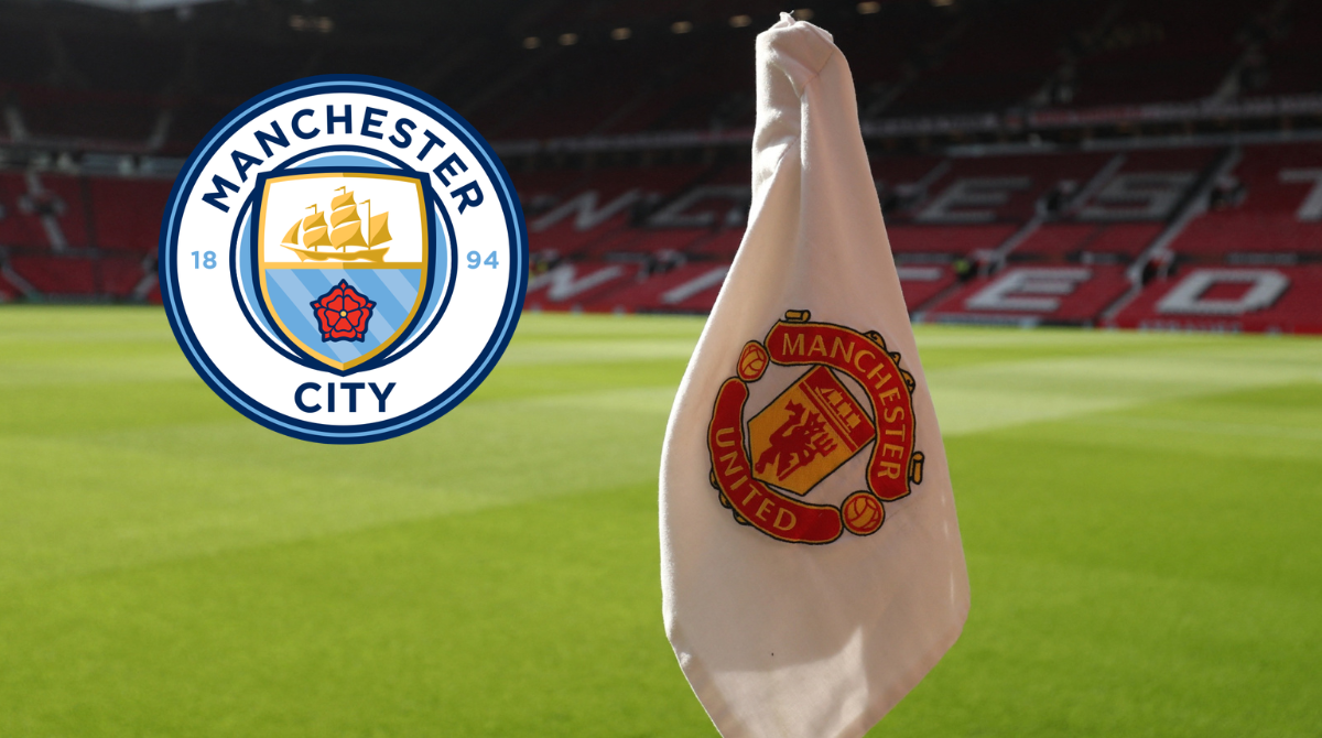 General view of a Manchester United corner flag with a Man City logo also shown