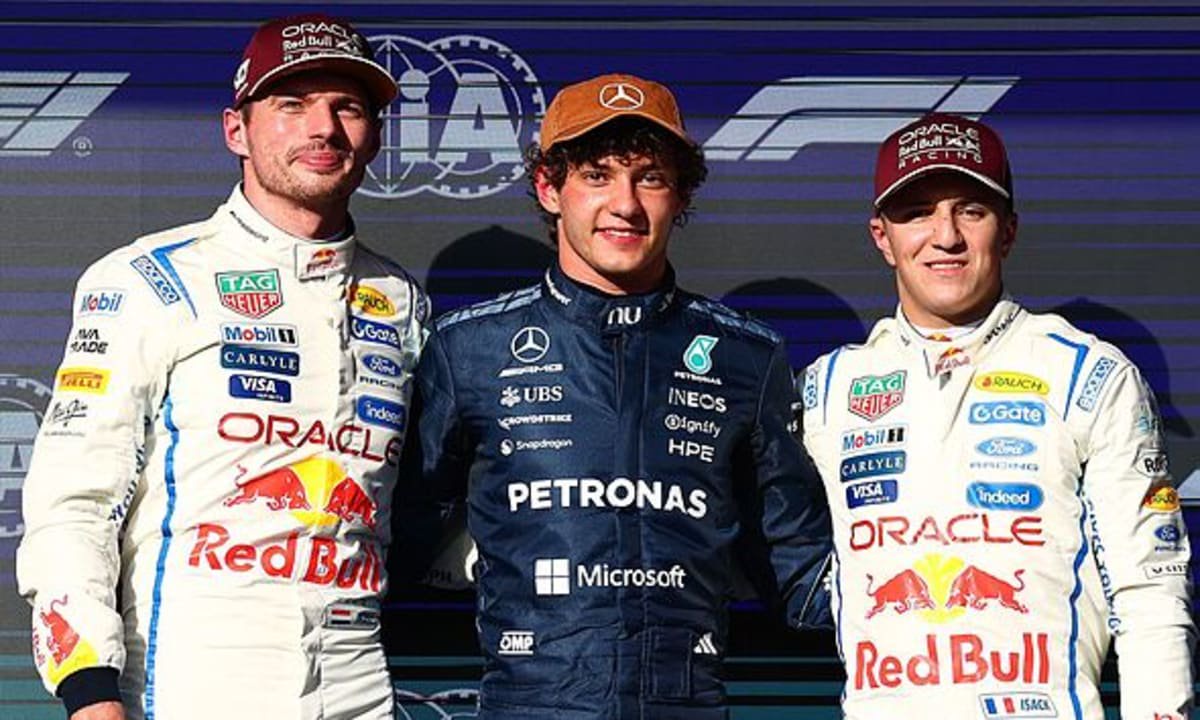 Kimi Antonelli, Max Verstappen and Isack Hadjar