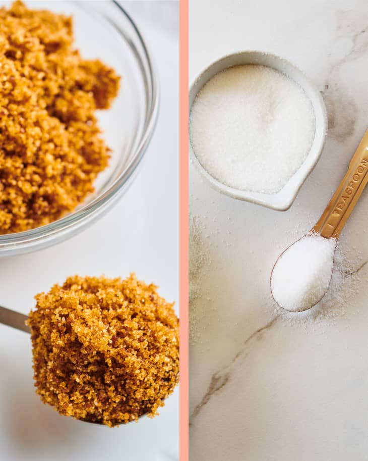 A brown bowl filled with white sugar.