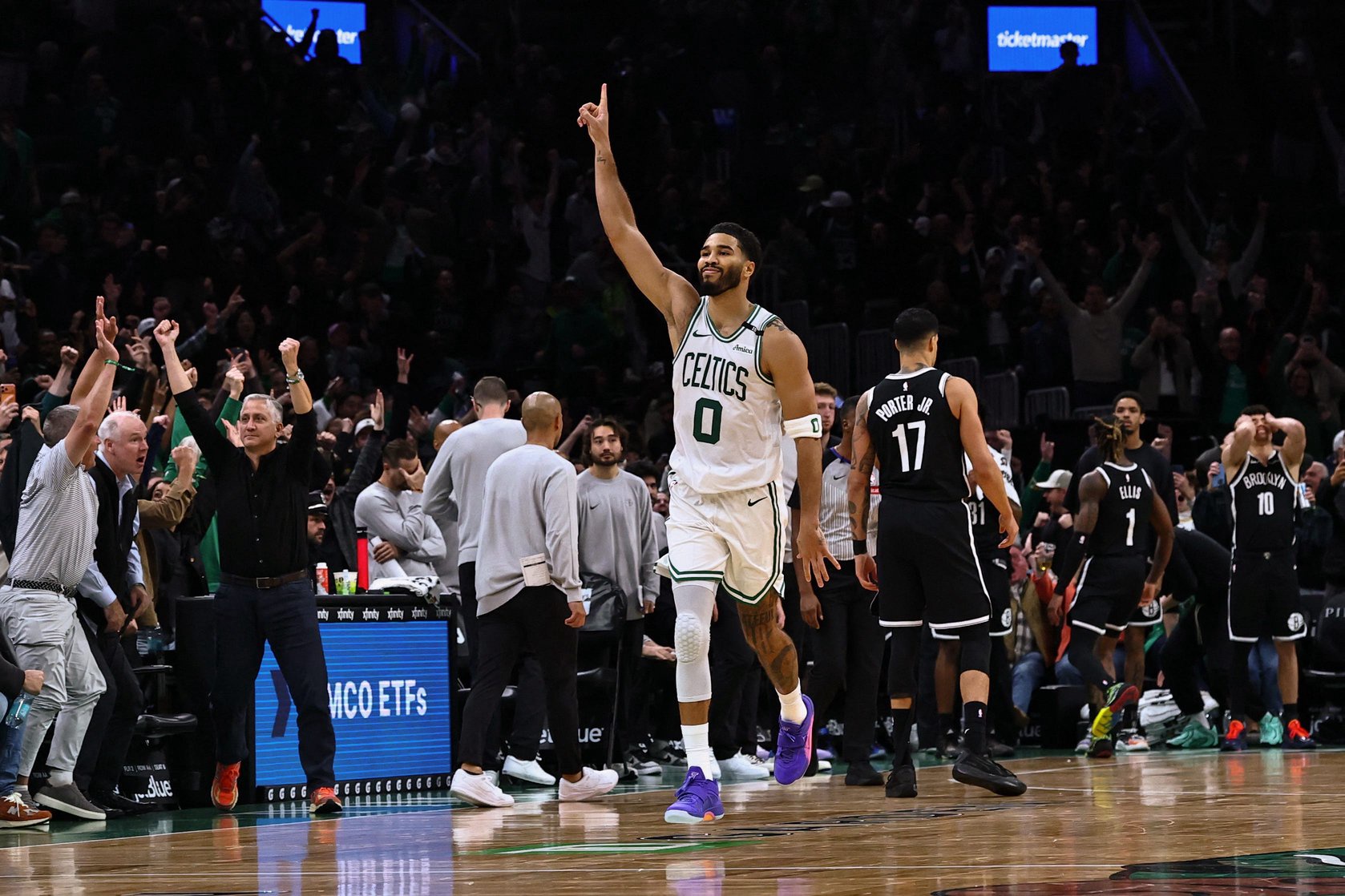Oct 27, 2026; Boston, Massachusetts, USA; Boston Celtics forward Jayson Tatum (0) celebrates his game winning shot at the end of overtime to defeat the Brooklyn Nets at TD Garden. Mandatory Credit: Winslow Townson-Imagn Images