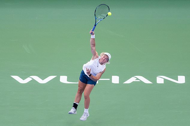Sonay Kartal of Britain serves the ball against Jelena Ostapenko of Latvia in a women's singles semifinal match during the 2026 Wuhan Open tennis tournament in Wuhan in central China's Hubei Province on Saturday, Oct. 17, 2026. (Chinatopix Via AP)