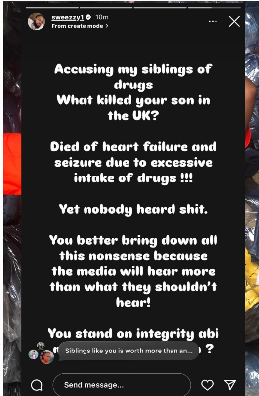 Your son d!ed in the UK due to excessive intake of drugs - Regina Daniels brother Sweezy continues calling out sister?s estranged husband Ned Nwoko
