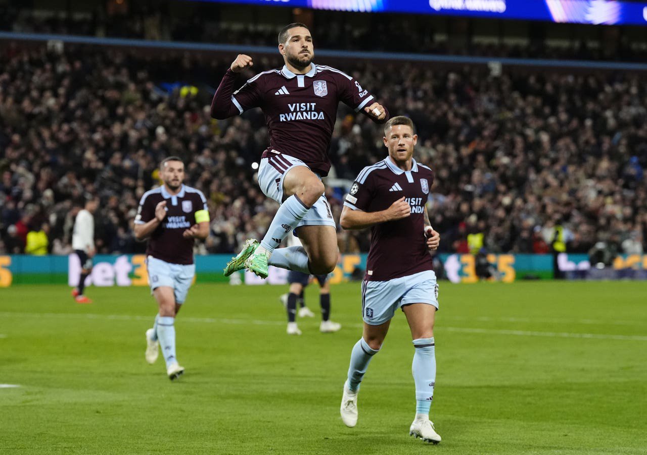 Emi Buendia celebrates scoring Villa's second 