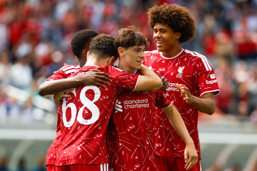 CHICAGO, ILLINOIS - AUGUST 2: Luke Chambers #44 of Liverpool FC celebrates his goal with teammates during the pre-season friendly match between Liverpool FC and Leeds United at Soldier Field on August 2, 2026 in Chicago, Illinois. (Photo by Michael Miller/ISI Photos/ISI Photos via Getty Images)