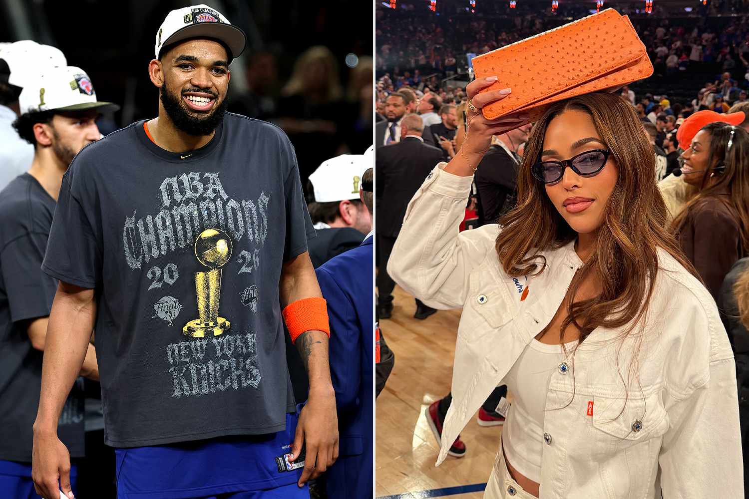 Karl-Anthony Towns #32 of the New York Knicks and his wife, Jordyn Woods, with her lucky orange bag.Credit: Joe Murphy/NBAE via Getty; Jordyn Woods/Instagram