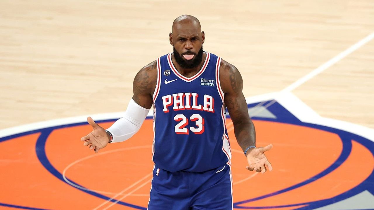 NEW YORK, NEW YORK - OCTOBER 20: LeBron James #23 of the Philadelphia 76ers reacts during the first quarter of the game against the New York Knicks at Madison Square Garden on October 20, 2026 in New York City. (Photo by Sarah Stier/Getty Images)