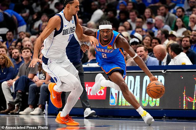 Oklahoma City Thunder guard Shai Gilgeous-Alexander (2) drives past Dallas Mavericks forward Zaccharie Risacher during the first half of an NBA basketball game Wednesday, Oct. 28, 2026, in Dallas. (AP Photo/Jeffrey McWhorter)