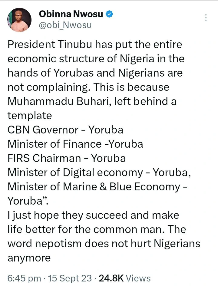 President Tinubu Has Placed Nigeria's Entire Economic Structure in the Hands of Yorubas, Says Obinna Nwosu