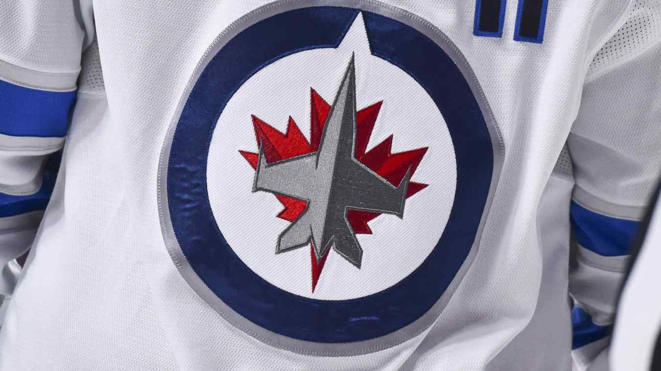 A close-up detail of the Winnipeg Jets logo seen during the second period at the Bell Centre on March 4, 2021 in Montreal, Canada. The Winnipeg Jets defeated the Montreal Canadiens 4-3 in overtime.