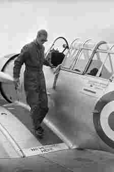 The Duke of Edinburgh disembarks from a Harvard Trainer aircraft after a flight at RAF White Waltham Berkshire where he...