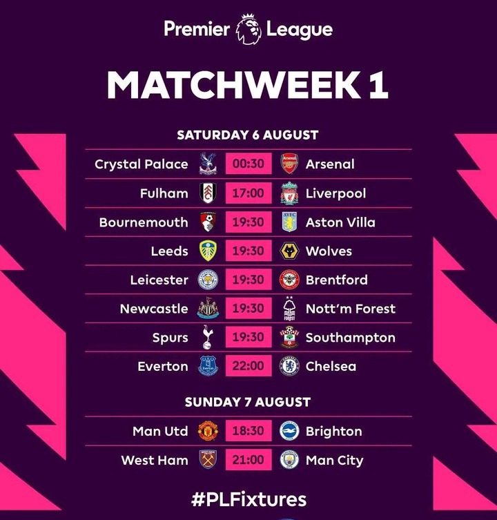 English Premier League Opening Fixtures For 2022/ 23 Season Opera News