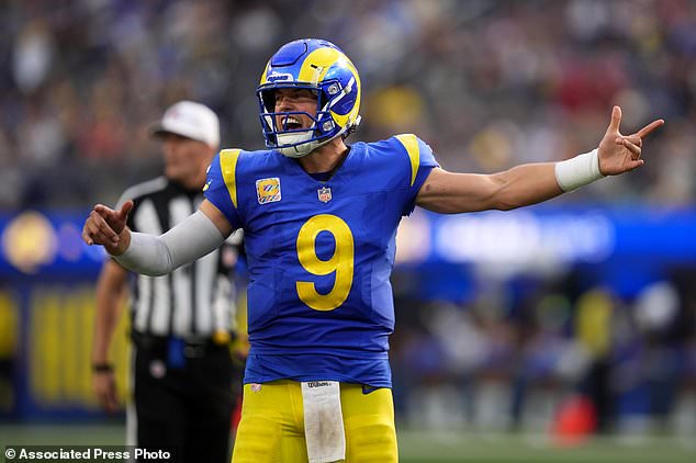 Los Angeles Rams quarterback Matthew Stafford (9) reacts toward teammates during the second half of an NFL football game against the Arizona Cardinals in Inglewood, Calif., Sunday, Oct. 18, 2026. (AP Photo/Gregory Bull)