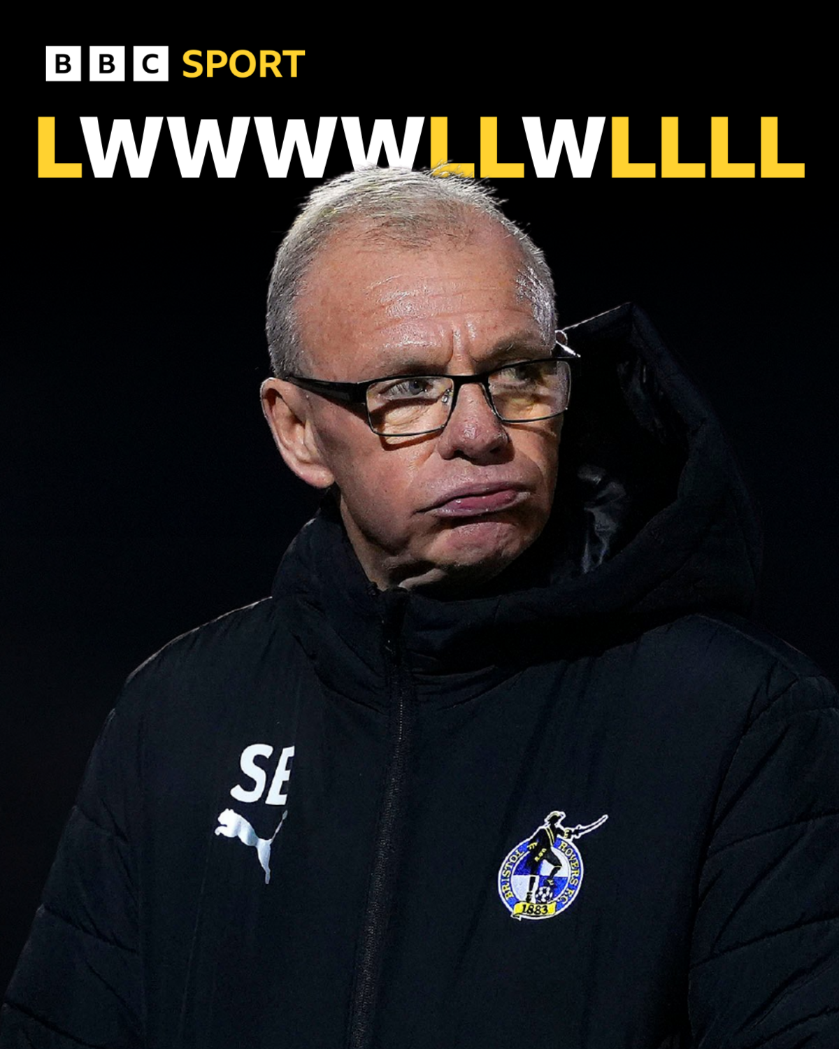 Bristol Rovers form in League Two this season: LWWWWLLWLLLL
And a picture of Steve Evans laid over the top, with Evans wearing a black Bristol Rovers jacket with the club badge and his initials on as well as the Puma logo.