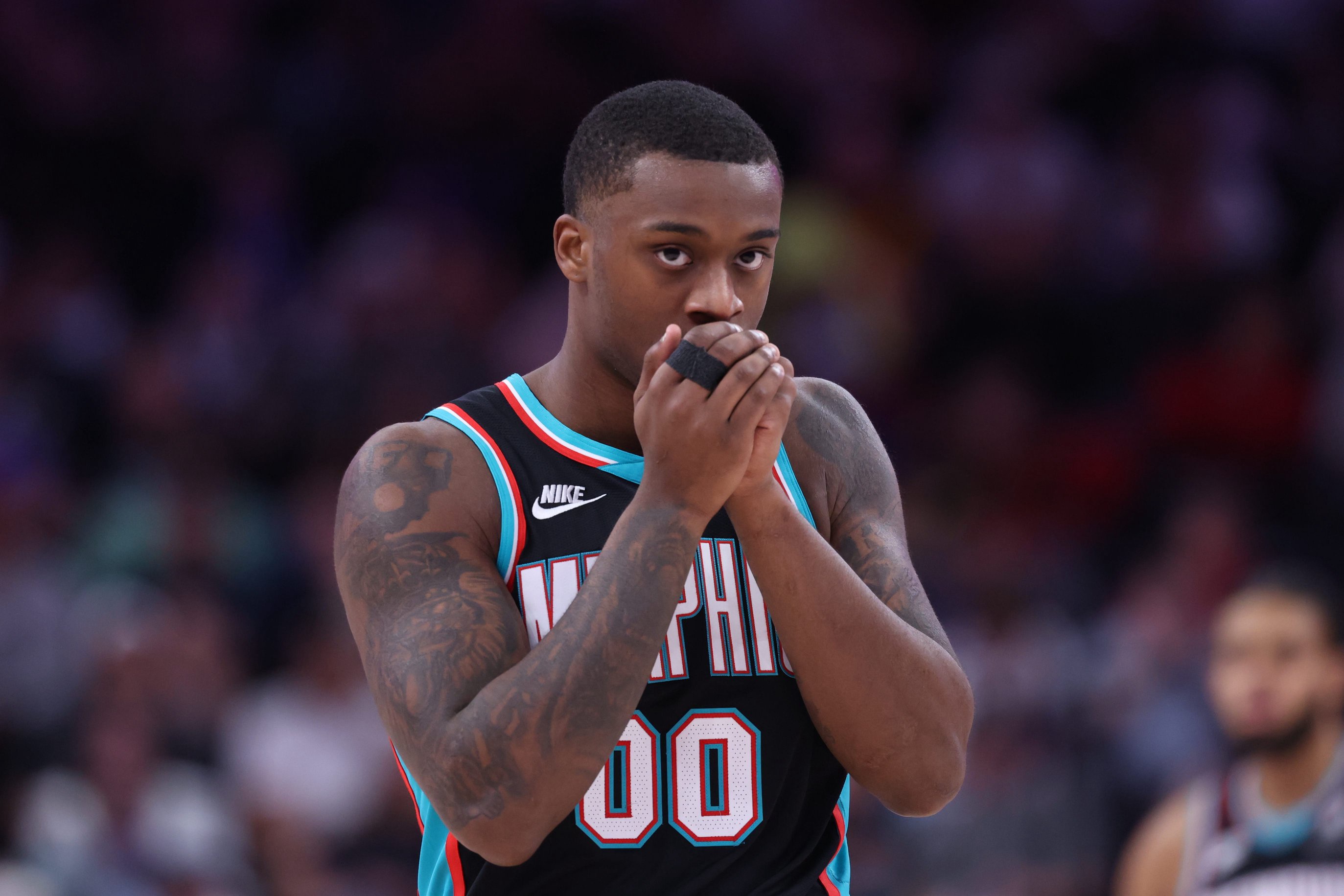 Apr 10, 2026; Salt Lake City, Utah, USA; Memphis Grizzlies forward Dariq Whitehead (00) waits for play to resume against the Utah Jazz during the second half at Delta Center. Mandatory Credit: Rob Gray-Imagn Images
