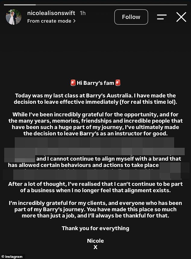 Nicole lashed out at the fitness giant on her Instagram page while announcing her resignation