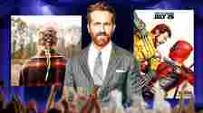 Ryan Reynolds in between Taylor Swift Evermore album cover and Deadpool and Wolverine poster.
