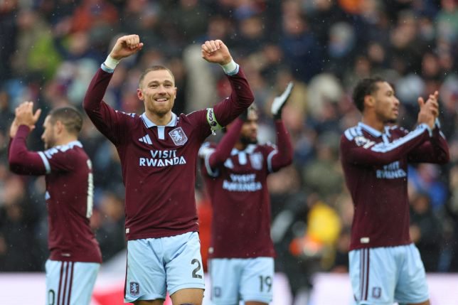 Aston Villa players celebrate their victory at the English Premier League soccer match between Aston Villa and Manchester City in Birmingham, England, Saturday, Oct. 24, 2026. (AP Photo/Morgan Harlow)