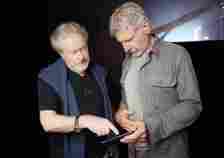 BLADE RUNNER 2049, from left: producer Ridley Scott, Harrison Ford, on set