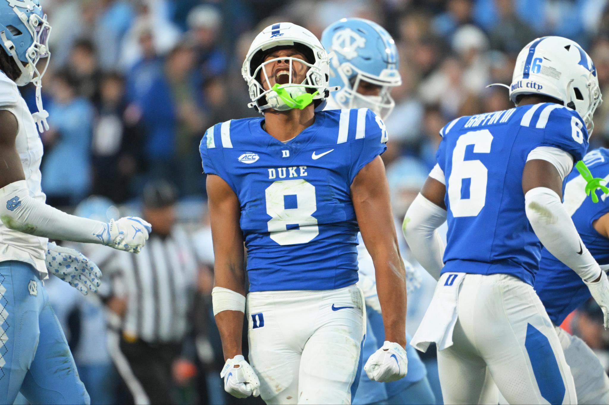 Duke Blue Devils safety DaShawn Stone reacts during the game against the North Carolina Tar Heels.