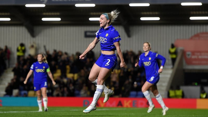 Ellie Carpenter of Chelsea celebrates after scoring her team's first goal during the UEFA Women's Champions League 2026/27 League Phase MD3 match between Chelsea FC and AS Roma at The AFC Wimbledon Stadium on October 28, 2026 in Wimbledon, England.