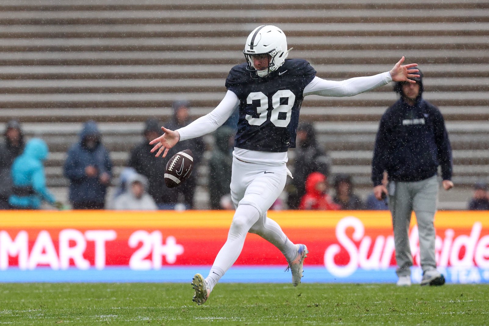 Apr 25, 2026; University Park, PA, USA; Penn State Nittany Lions punter Nathan Tiyce (38) punts the ball away during the Penn State Blue-White Spring game at Beaver Stadium. Mandatory Credit: Matthew O'Haren-Imagn Images