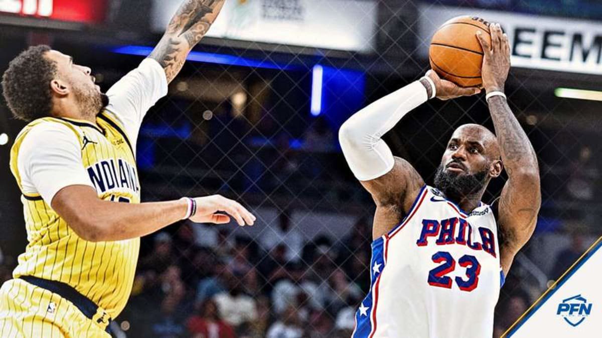 Oct 28, 2026; Indianapolis, Indiana, USA; Philadelphia 76ers forward LeBron James (23) shoots the ball while Indiana Pacers forward Jalen Slawson (18) defends in the second half at Gainbridge Fieldhouse. © Trevor Ruszkowski-Imagn Images