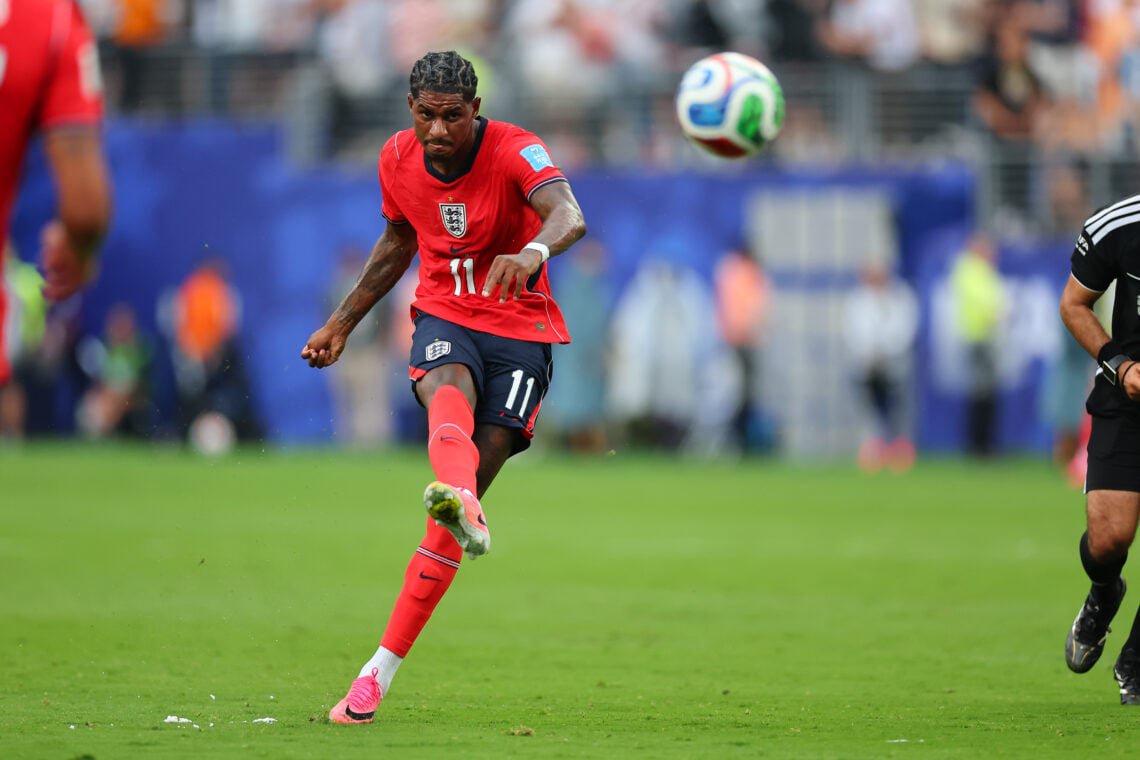 Marcus Rashford takes a free-kick for England.