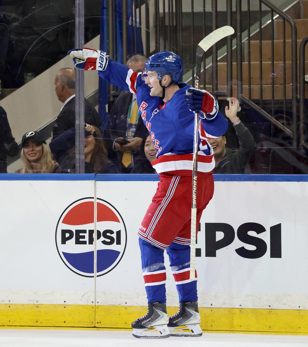 New York Rangers left wing Alexis Lafreniere reacts after scoring a second goal.