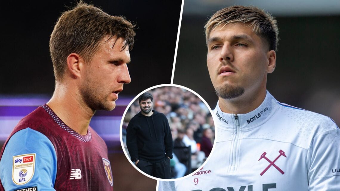 West Ham stars Joel Veltman and Joel Piroe and, inset, Swansea boss Vitor Matos