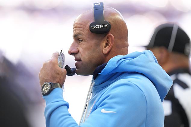 Tennessee Titans head coach Robert Saleh calls a play from the sideline during the first half of an NFL football game against the Indianapolis Colts, Sunday, Oct. 18, 2026, in Indianapolis. (AP Photo/Jeff Roberson)