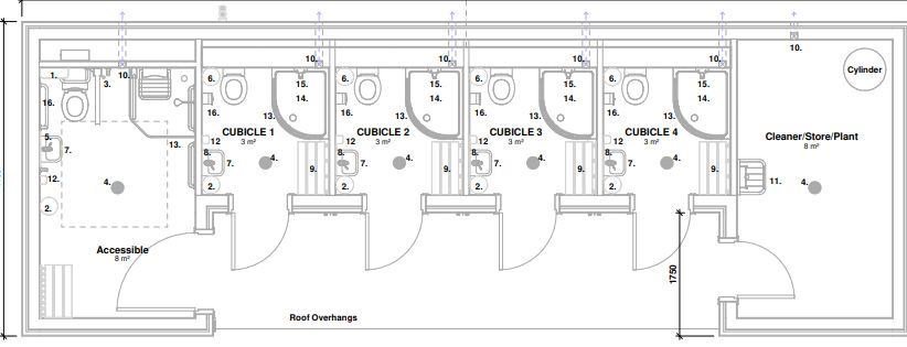 The restroom facilities will feature five individual cubicles.