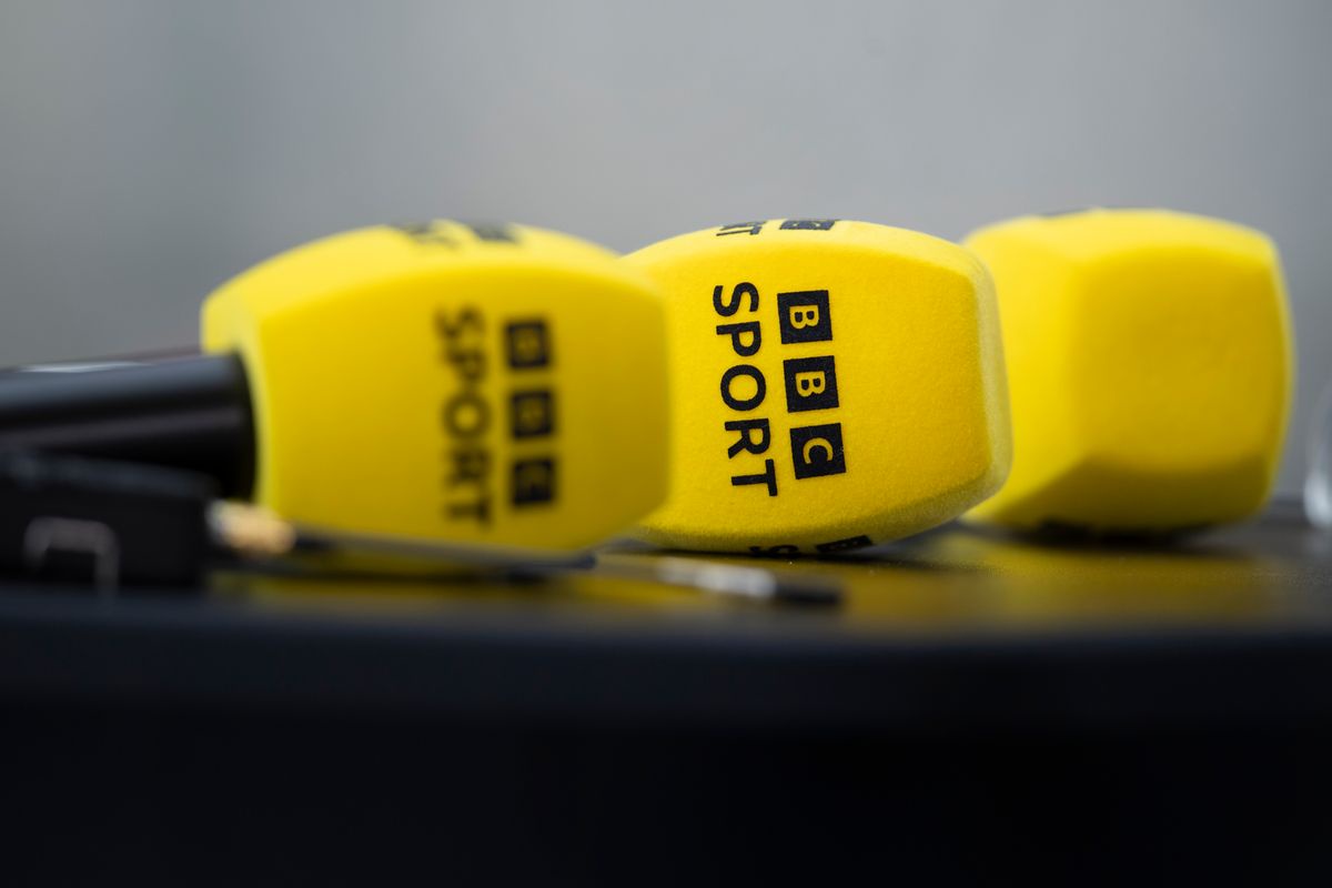 The BBC Sport sign on an interview microphone ahead of the FA Women's Super League match between Manchester United and Leicester City at Leigh Sports Village